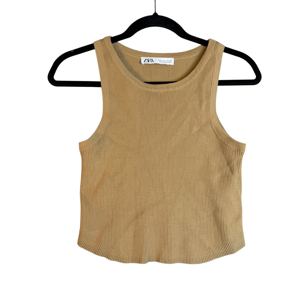 Zara Womens Ribbed Knit Tank‎ Top Tan Camel Crew Neck Sleeveless Size Large